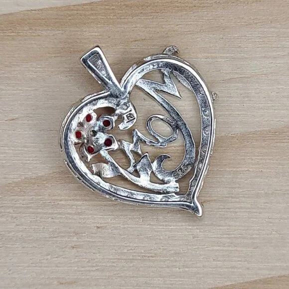 Vtg Sterling Silver Heart Pendant "Mom" Design Red Crystal Flower Accents 0.8" - Picture 3 of 6
